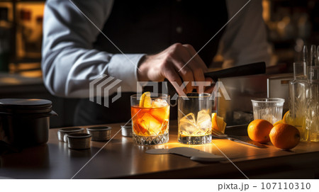 Professional bartender in black apron pours drink from shaker into glass 107110310