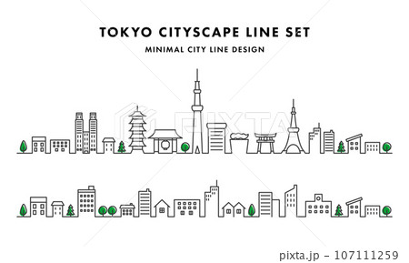 東京の街並みの線画のセット(ベクターイラスト) 107111259