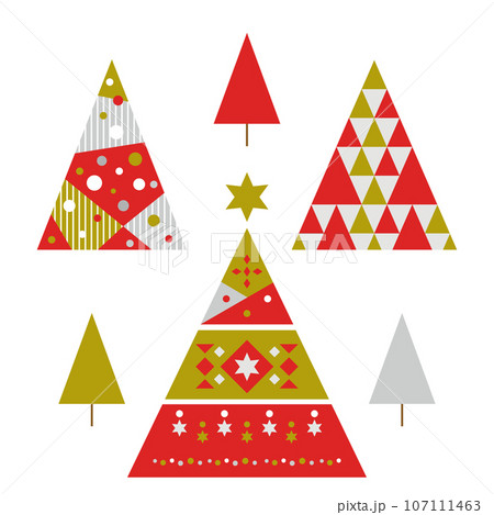 幾何学模様の赤いクリスマスツリーのセットのイラスト素材 [107111463