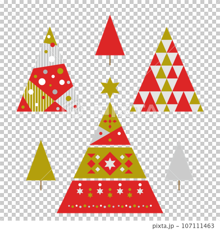 幾何学模様の赤いクリスマスツリーのセットのイラスト素材 [107111463