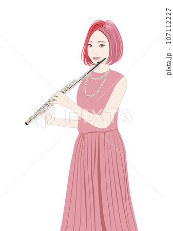 フルートを吹く若い女性イラスト 107112227