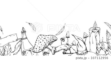 Hand drawn ink vector witch altar. Candles vials mushrooms. isolated seamless banner. Sketch illustration art Halloween, witchcraft occult, alchemy. Design shops, logo, print, website, card, booklet 107112956