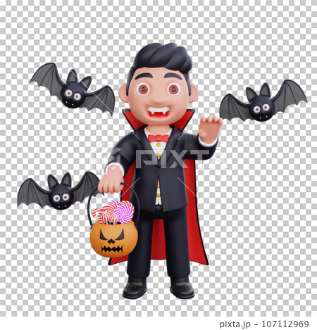 3d cute Vampire holding pumpkin basket candy halloween design 3d cute Vampire holding pumpkin basket candy halloween design 107112969