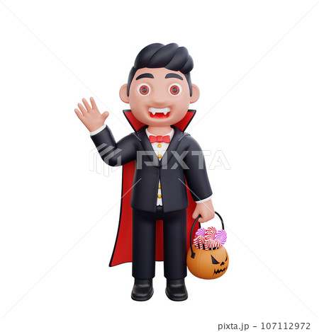 3d cute Vampire saying hello while holding pumpkin basket candy halloween design 3d cute Vampire saying hello while holding pumpkin basket candy halloween design 107112972