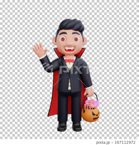 3d cute Vampire saying hello while holding pumpkin basket candy halloween design 3d cute Vampire saying hello while holding pumpkin basket candy halloween design 107112972