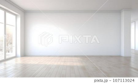 Interior of an empty aparment with panoramic windows, apartment mockup 107113024