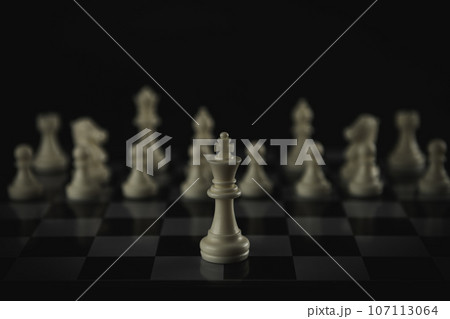 Pieces on chess board on black background for playing game and strategy. Pieces on chess board on black background for playing game and strategy. 107113064