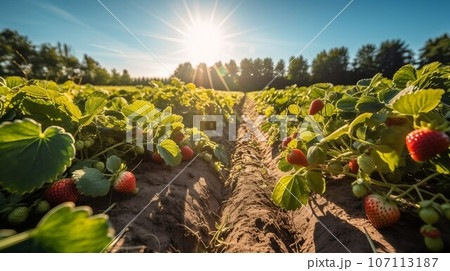 Strawberries plantation field at sunset, summer farm landscape 107113187