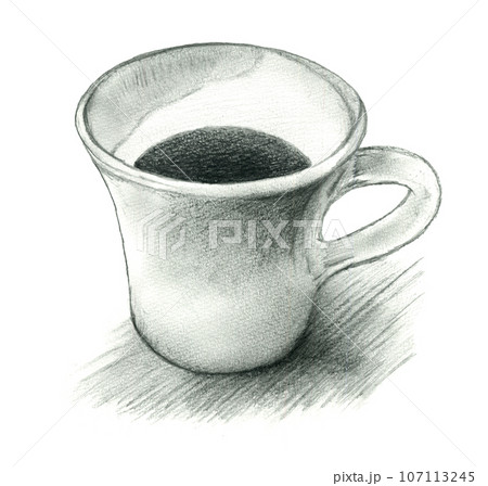 お気に入りのコップで飲む朝のコーヒー 鉛筆で描いたイラストの