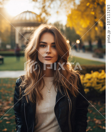 Portrait of a glamorous young woman in autumn. Casual day in park. City park serenity. Urban leisure with happy young woman in outdoor nature. Beauty woman enjoying her time outside. Generative AI. 107113265