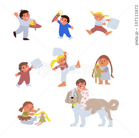 Cartoon isolated little kids, girls and boys in pajamas playing before bed. ready to go to bed. bedtime, child holding blanket and pillow, teddy bear toy for sleeping. Dog nanny. Vector illustration 107113872