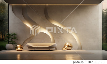 Contemporary interior with concrete plaster wall, backlight, sofa and decor. Ai generated. 107113928