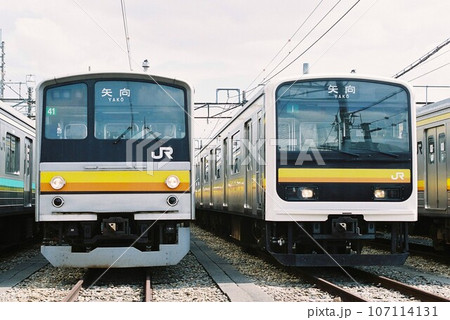 車両基地で並ぶ南武線の205系と209系 107114131