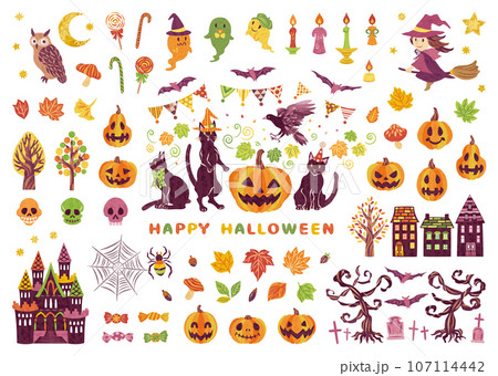 10月　ハロウィーン　ジャックオーランタン、黒猫、お城などのイラスト素材セット 107114442