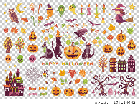 10月　ハロウィーン　ジャックオーランタン、黒猫、お城などのイラスト素材セット 107114442