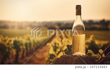 Grape harvest and wine production. White wine on grape plantation background. Generative AI Grape harvest and wine production. White wine on grape plantation background. Generative AI 107114883