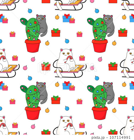 Cat and Christmas tree, eco cactus new year. Cat and Christmas tree, eco cactus new year. 107114991