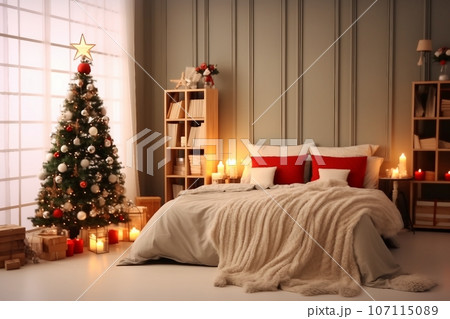 Beautiful decorated Christmas tree with fairy lights in bedroom. Interior design Beautiful decorated Christmas tree with fairy lights in bedroom. Interior design 107115089