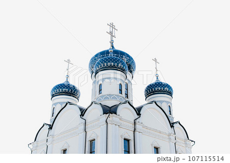 church with blue domes. orthodox church.church isolated on white background 107115514