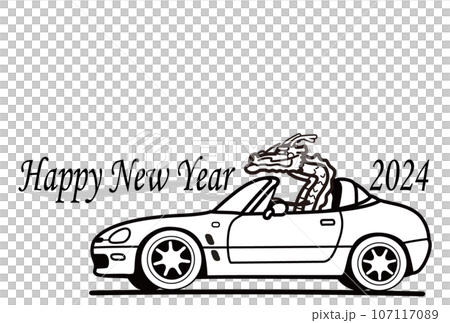 2024年年賀状　テンプレート　辰と国産スモールオープンスポーツカー　ぬり絵風 107117089