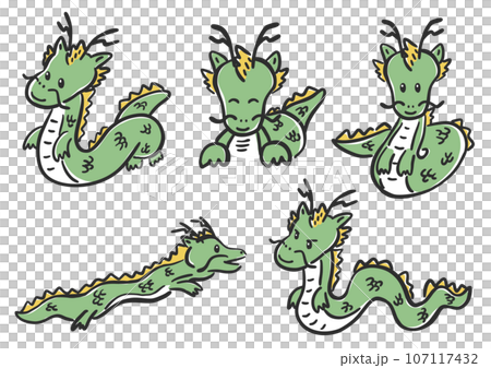 手繪插畫組可愛的笑龍、龍、新年卡片 107117432
