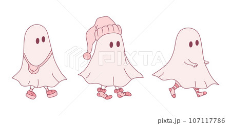 Three little ghosts in different clothes. Hand drawn cute ghosts isolated on white background. Halloween vector illustration Three little ghosts in different clothes. Hand drawn cute ghosts isolated on white background. Halloween vector illustration 107117786