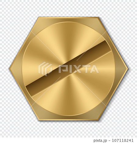 Golden hexagon bolt head. Realistic metal screw. Top view head of bolt. Vector illustration Golden hexagon bolt head. Realistic metal screw. Top view head of bolt. Vector illustration 107118241