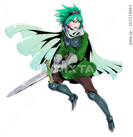剣を持ったアクションポーズの男勇者　緑髪　 107119061