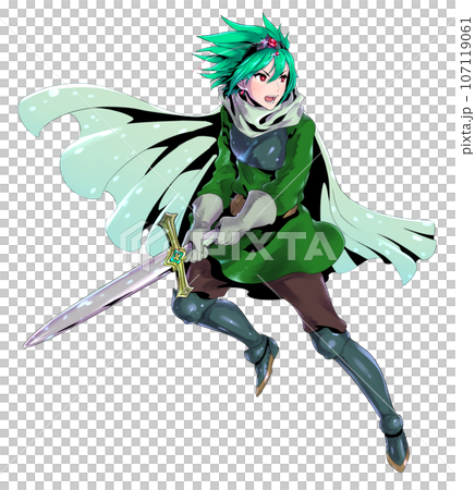 剣を持ったアクションポーズの男勇者　緑髪　 107119061