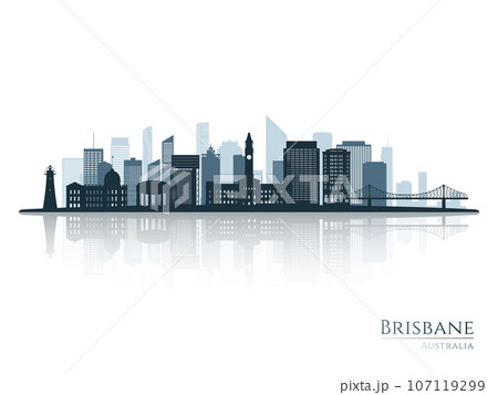 Brisbane skyline silhouette with reflection. Brisbane skyline silhouette with reflection. 107119299