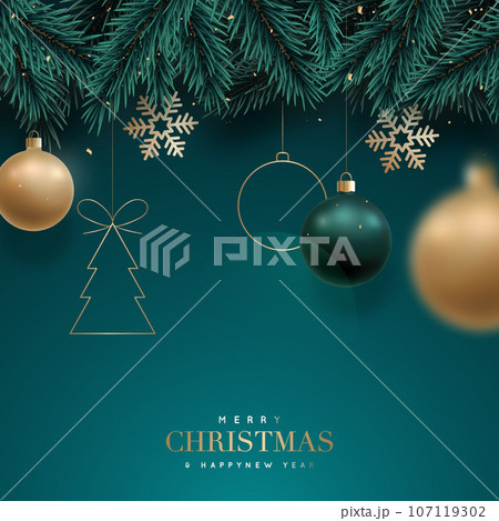 Christmas background with fir branches and balls, snowflakes 107119302