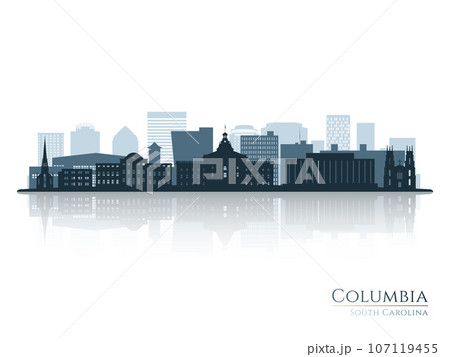 Columbia skyline silhouette with reflection. Columbia skyline silhouette with reflection. 107119455
