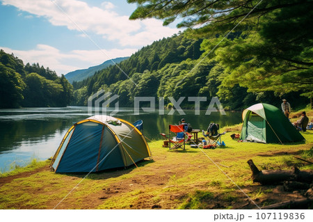 川のそばにテントを張ってキャンプ:AI生成画像 川のそばにテントを張ってキャンプ:AI生成画像 107119836