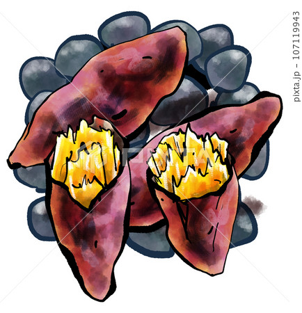 「焼き芋・baked sweet potato」の手書きイラスト（筆書き墨絵風） 107119943