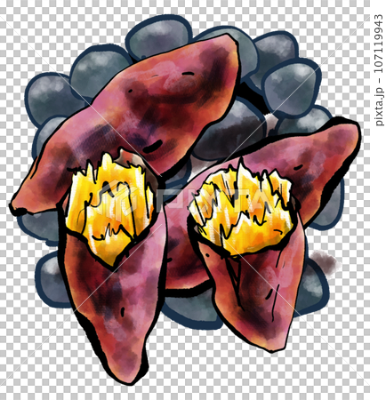 「焼き芋・baked sweet potato」の手書きイラスト（筆書き墨絵風） 107119943