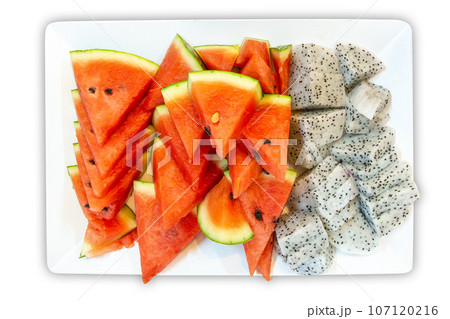 Top view of Watermelon and dragon fruit slice in the plate, focus selective Top view of Watermelon and dragon fruit slice in the plate, focus selective 107120216