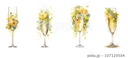 Watercolor illustration of yellow champagne flute glasses and flowers 107120584