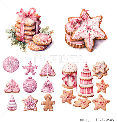 Pink Christmas cookies, homemade pastry, watercolor illustration 107120585