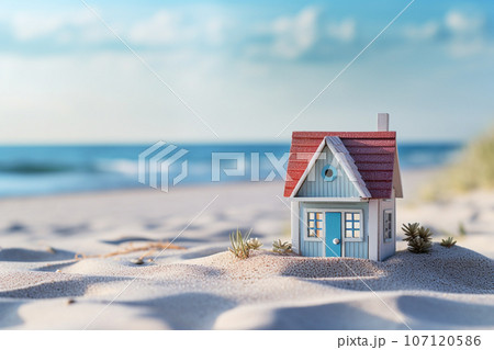 Small white house on ocean beach 107120586