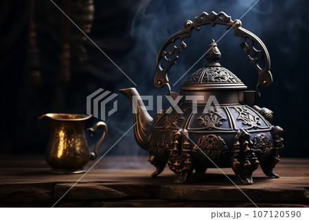 Black tiron teapot in traditional asian style on dark wooden background 107120590
