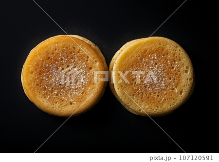 Two sides of fluffy pancake on black background 107120591
