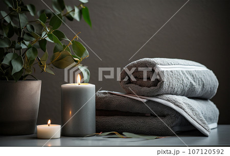Spa composition with towels and lit candles on concrete table 107120592