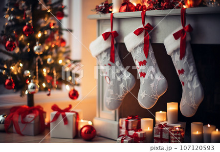 Fireplace with silver Christmas stockings in festive room and red decorations 107120593
