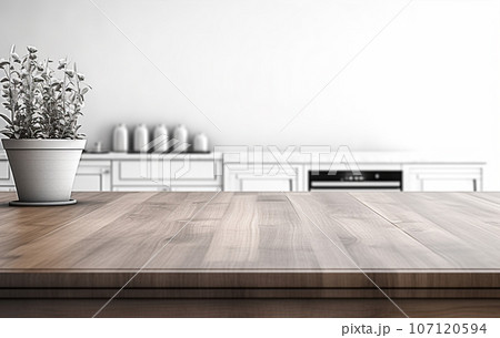 Modern simple kitchen, with white wooden table. Narrrow depth of field 107120594