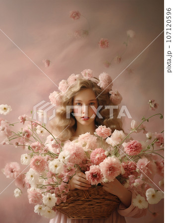Beautiful young woman with basket of pink flowers 107120596