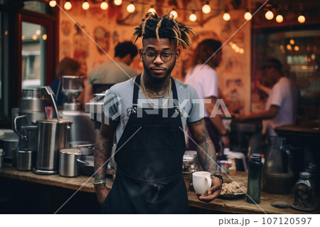 Handsome young tattooed black barista making coffee 107120597