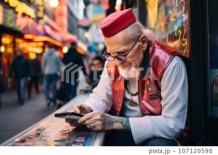 Mature tattoed man in red fez hat holding mobile phone  on street 107120598