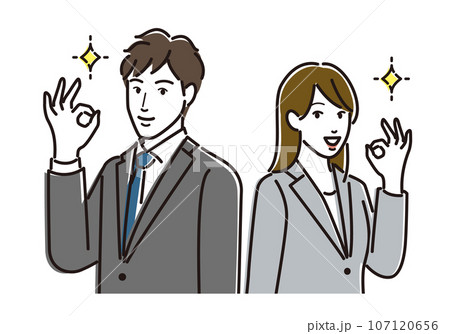 オーケーポーズをするスーツ姿の若い男女のイラスト オーケーポーズをするスーツ姿の若い男女のイラスト 107120656