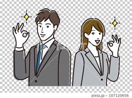 オーケーポーズをするスーツ姿の若い男女のイラスト オーケーポーズをするスーツ姿の若い男女のイラスト 107120656