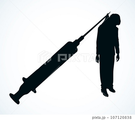 Vector poster against drug abuse: a man caught in a syringe needle 107120838